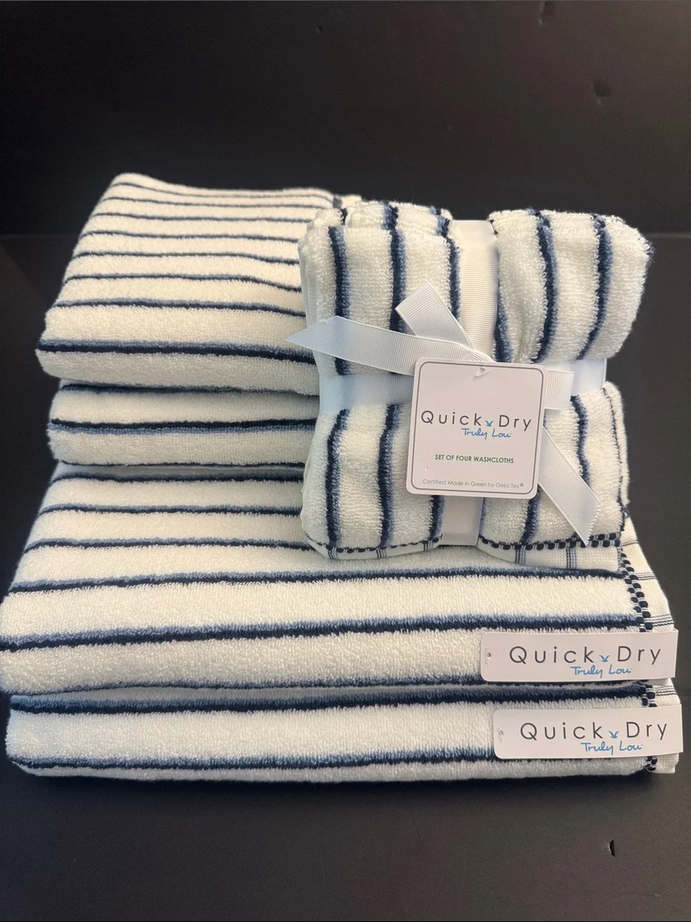 TRULY LOU Quick Dry Striped 8pc Zero Twist Cotton Bath Towel Set - Navy/White